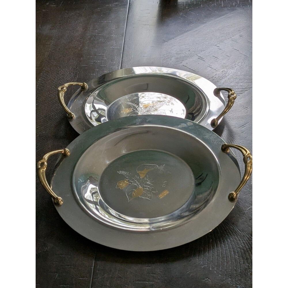 Serving Bowl Charger Dish Shiny Mirrored Floral Design w Gold Tone Handle (2)